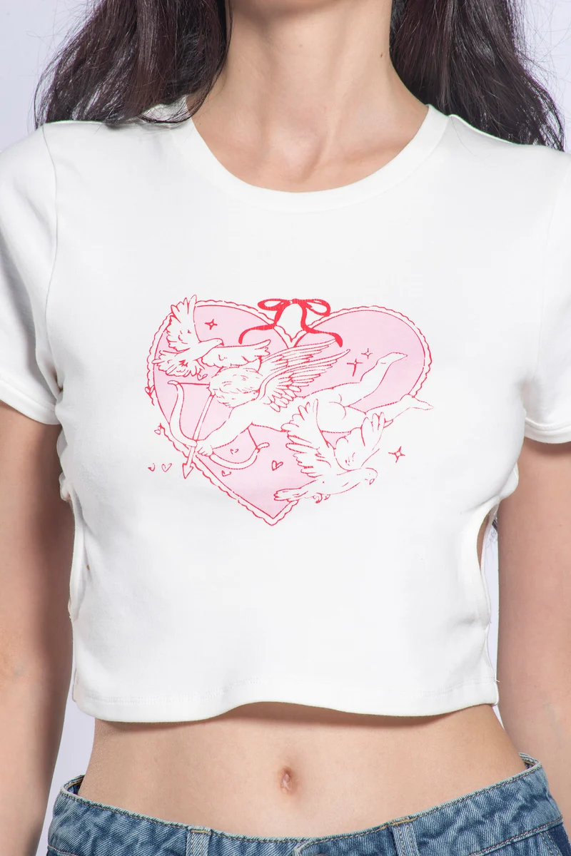 Snow|100% Cotton Heart Cutout Cropped T-Shirt