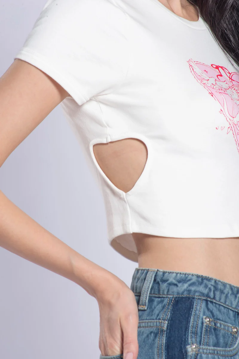 Snow|100% Cotton Heart Cutout Cropped T-Shirt