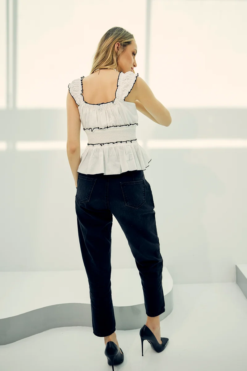 Precious|100% Cotton Smocked Peplum Top With Bow