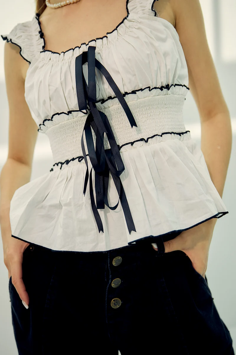 Precious|100% Cotton Smocked Peplum Top With Bow