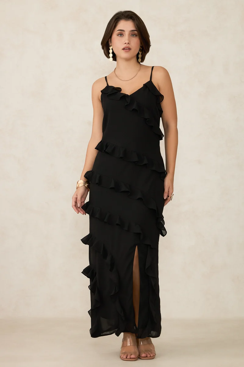 Safa|Georgette Ruffle Slit Maxi Dress