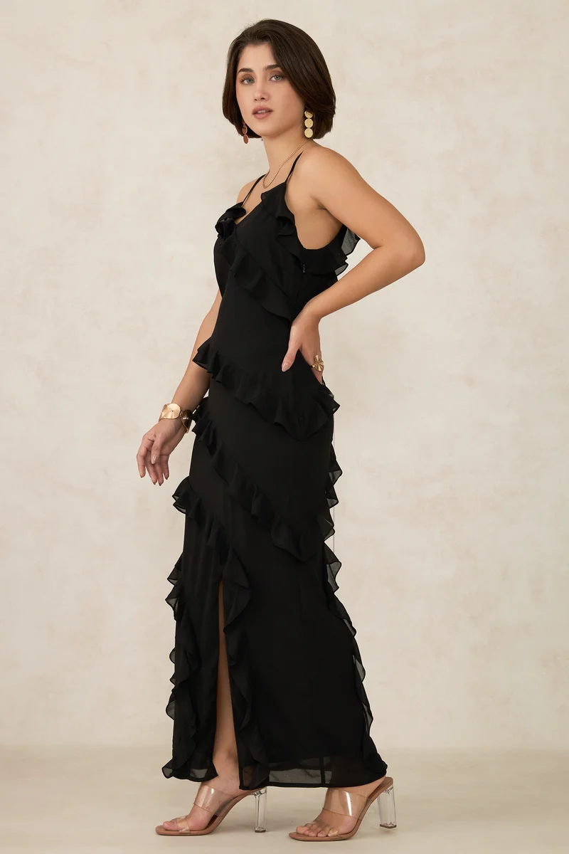 Safa|Georgette Ruffle Slit Maxi Dress