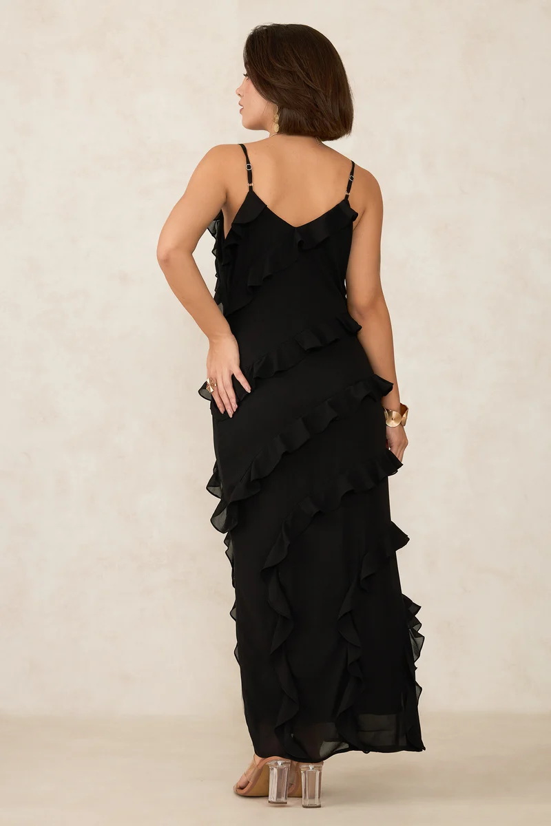 Safa|Georgette Ruffle Slit Maxi Dress