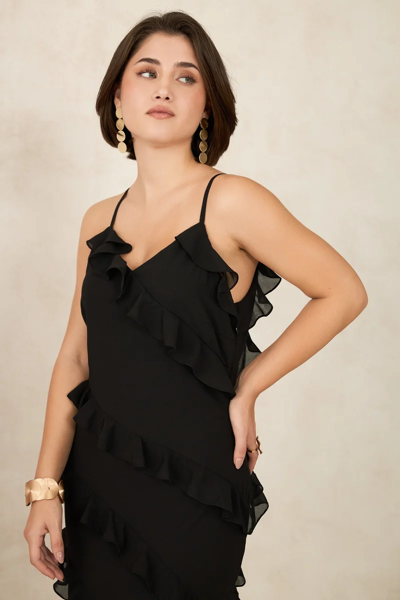 Safa|Georgette Ruffle Slit Maxi Dress