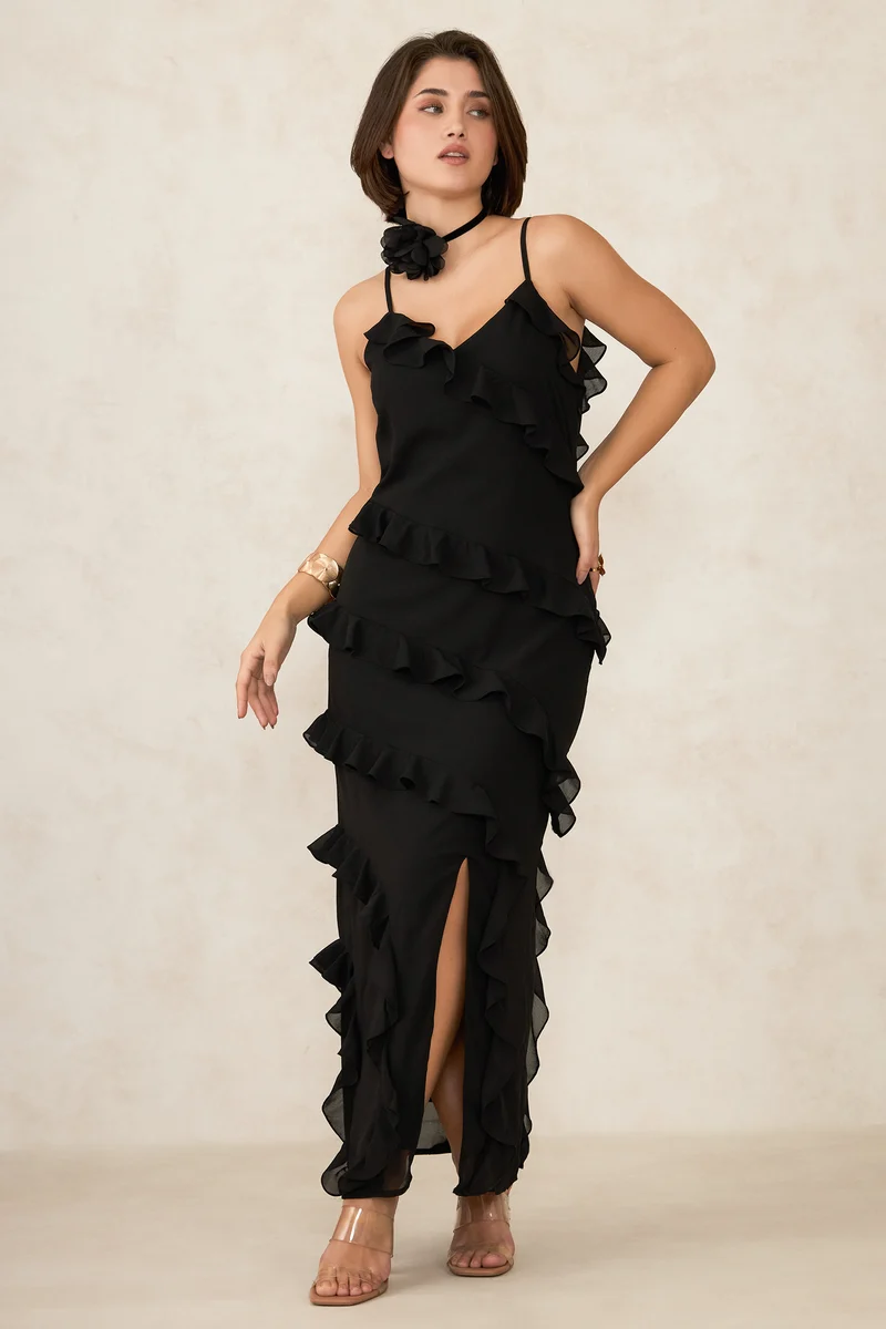 Safa|Georgette Ruffle Slit Maxi Dress