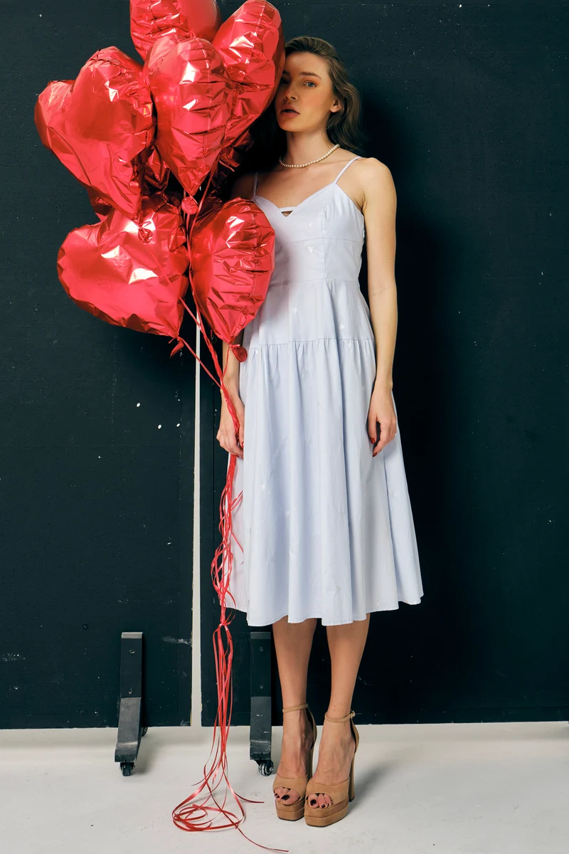Renata|100% Cotton Heart Embroidered Midi Dress