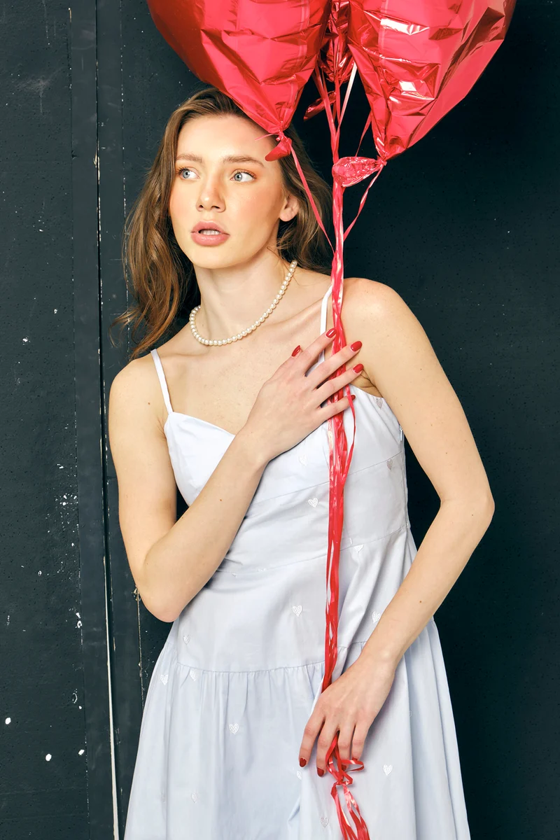 Renata|100% Cotton Heart Embroidered Midi Dress