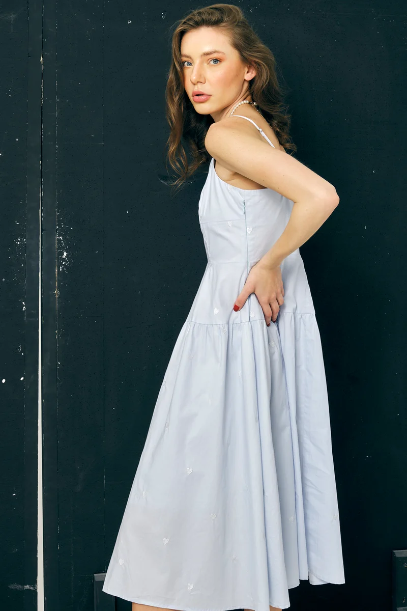 Renata|100% Cotton Heart Embroidered Midi Dress