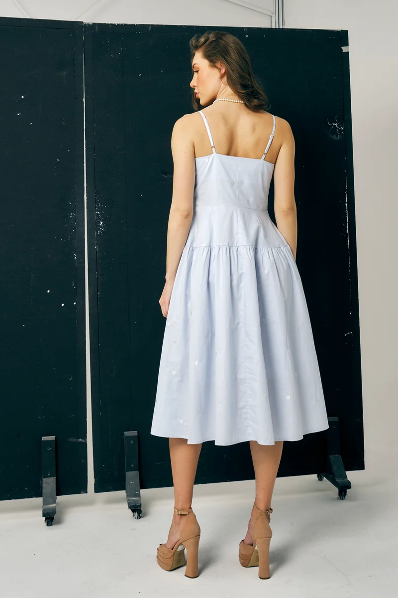 Renata|100% Cotton Heart Embroidered Midi Dress