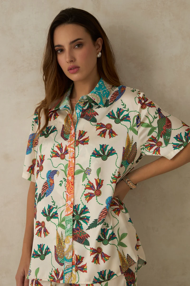 Palmira Shirt|Satin Abstract Print Shirt