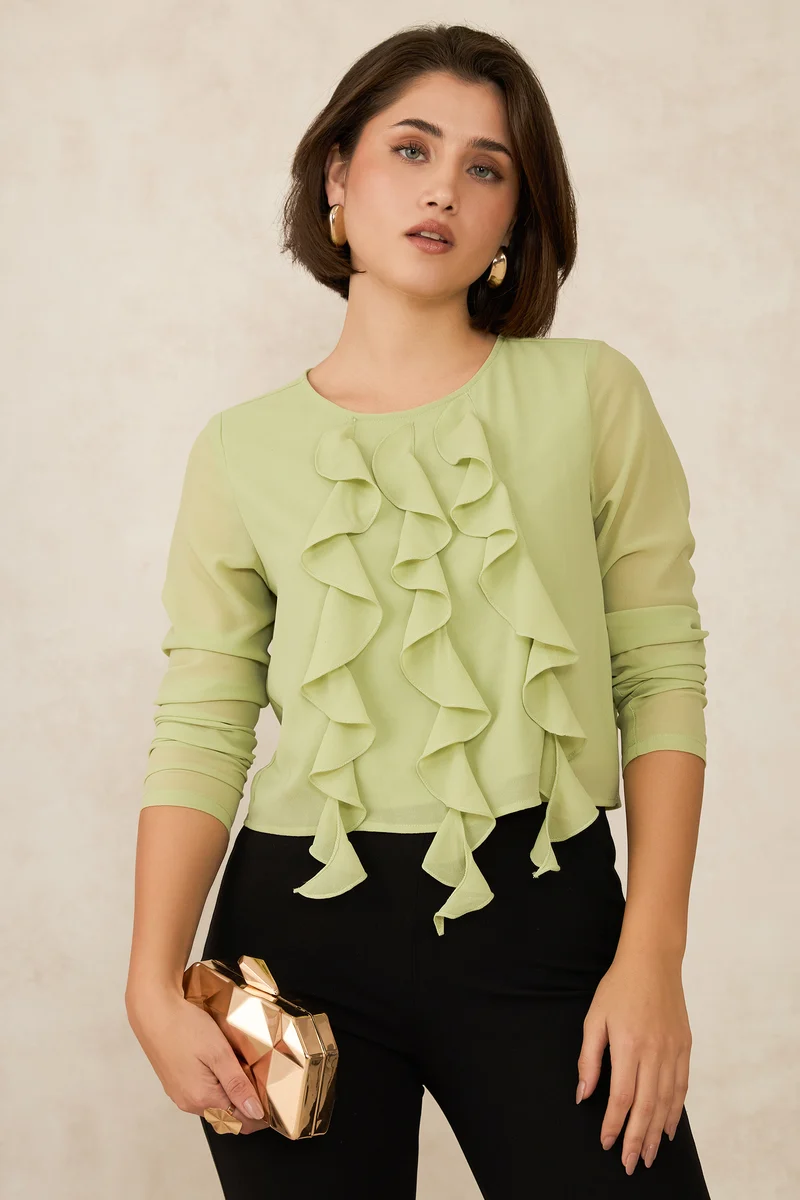 Gia|Georgette Vertical Ruffle Detail Top