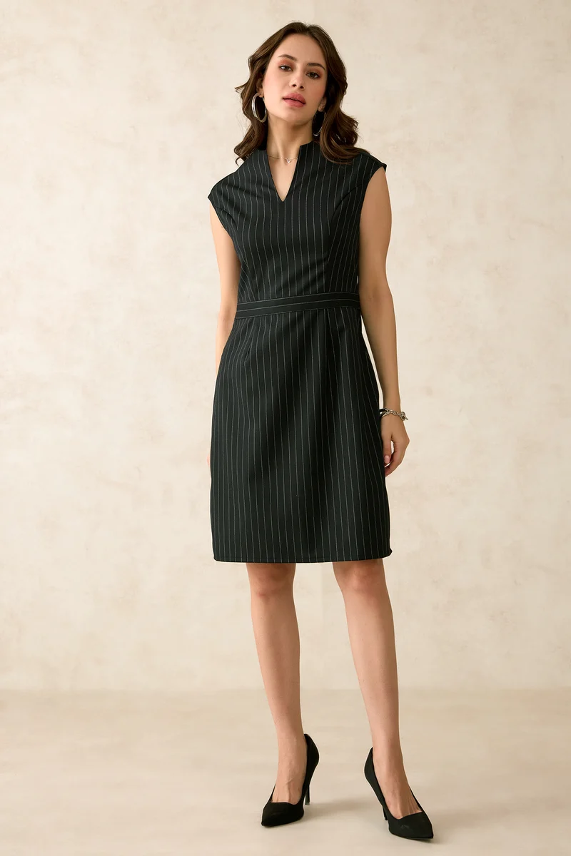 Quincy|Viscose Stretch Striped V-Neck Dress