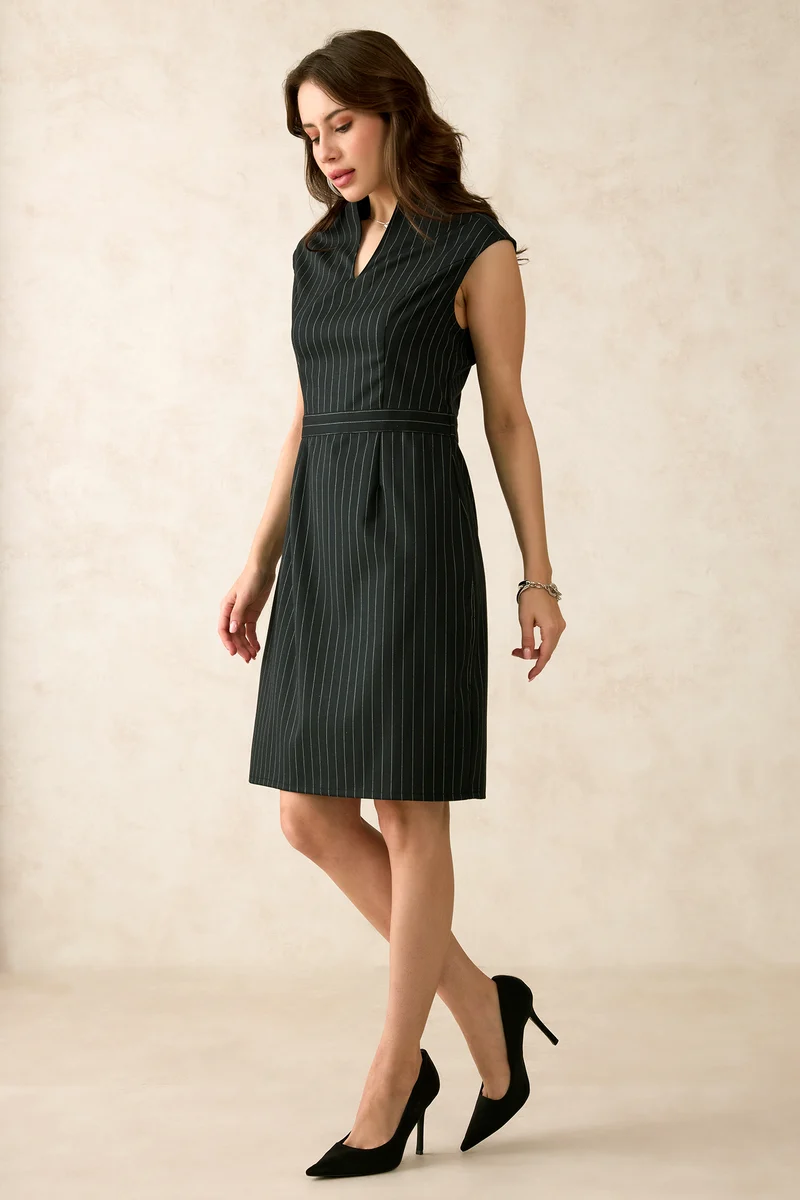 Quincy|Viscose Stretch Striped V-Neck Dress