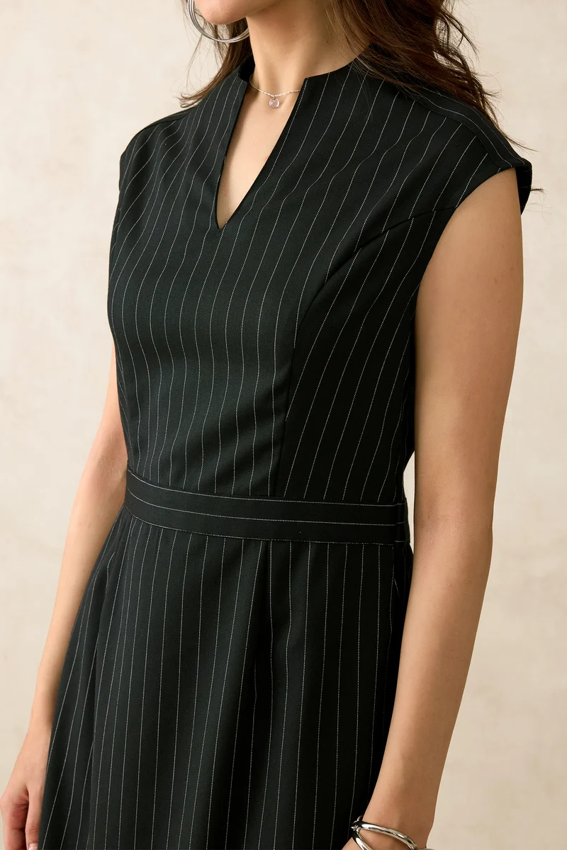 Quincy|Viscose Stretch Striped V-Neck Dress