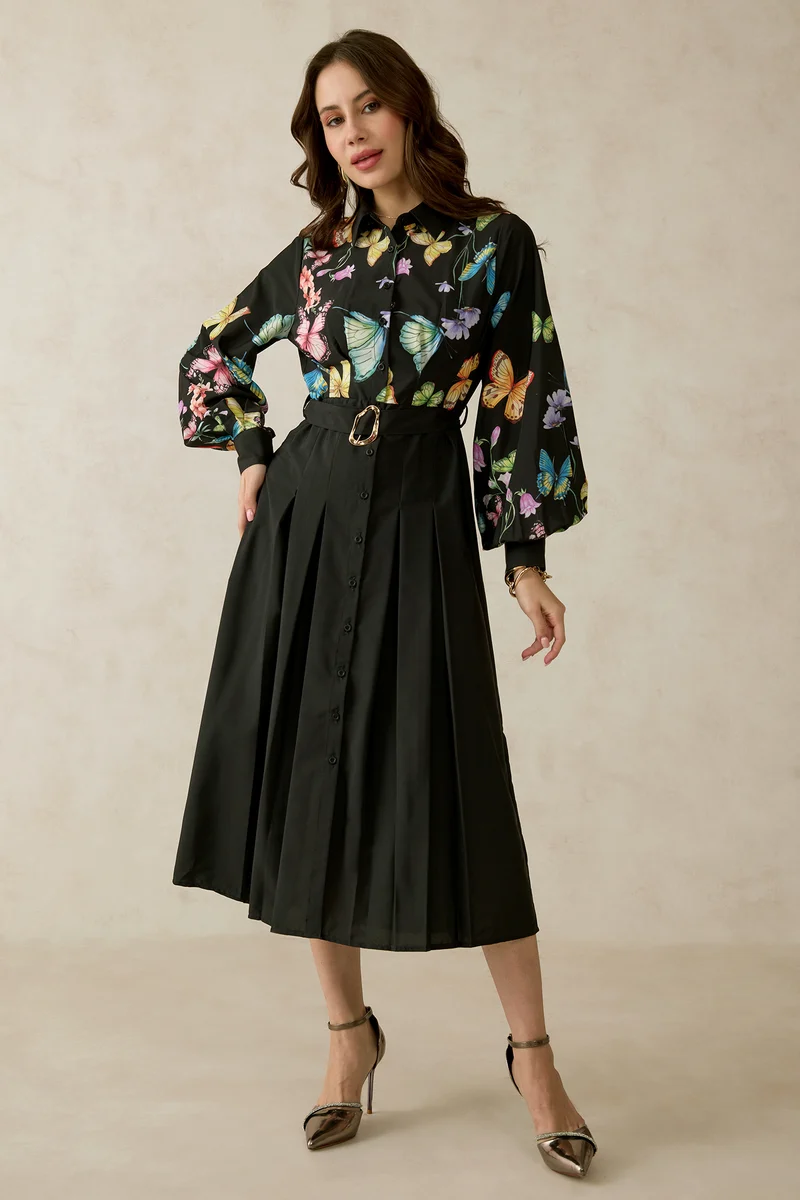 Leila|Satin Printed Belted Midi Dress