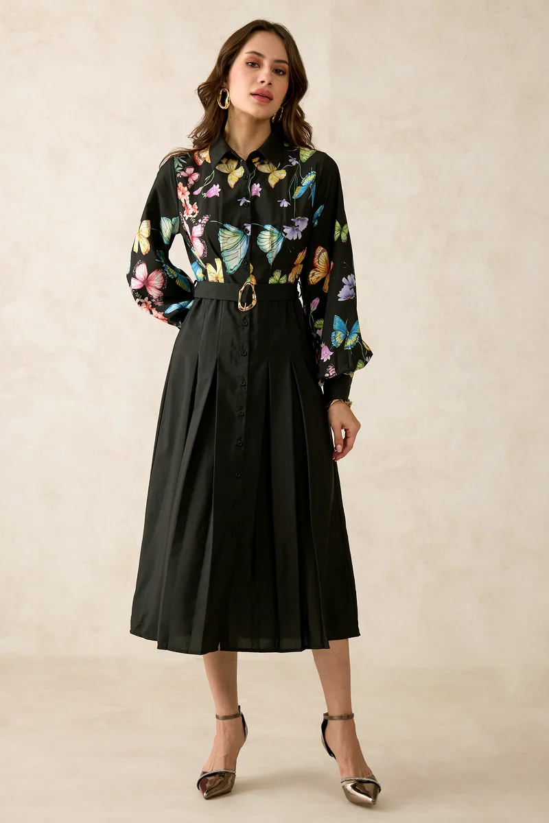 Leila|Satin Printed Belted Midi Dress