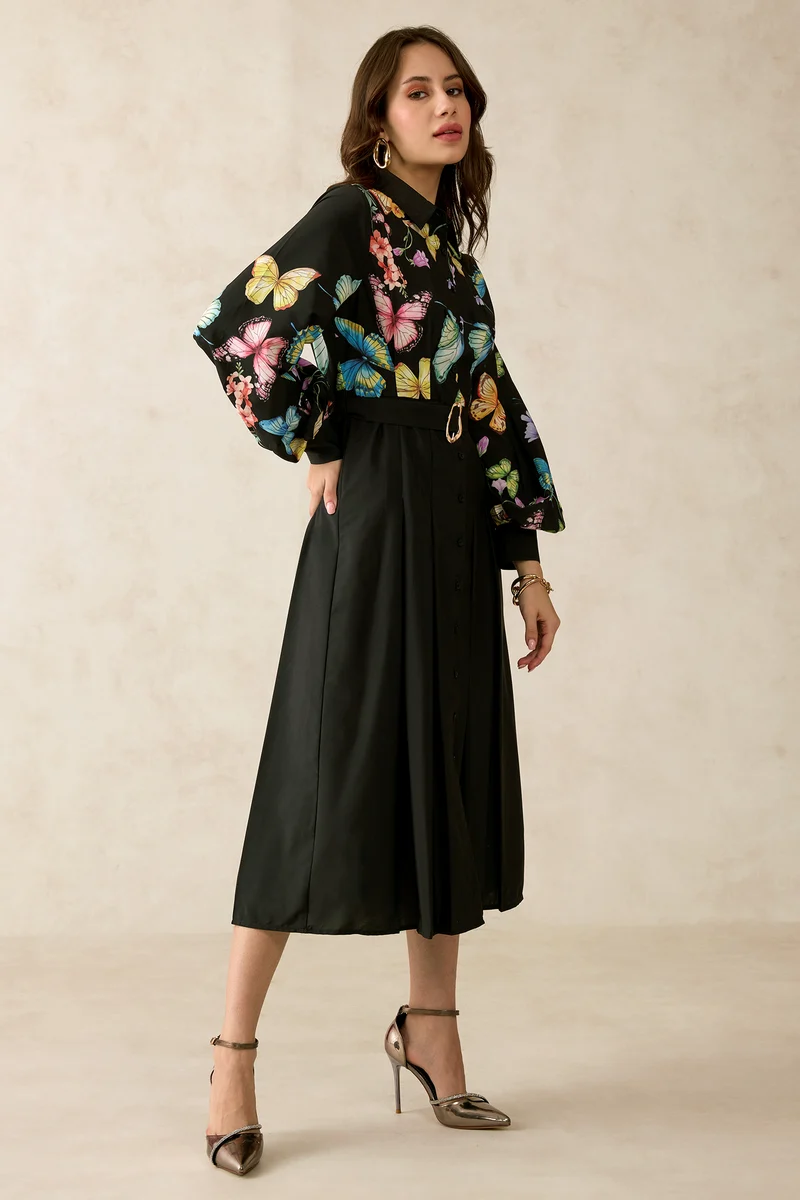 Leila|Satin Printed Belted Midi Dress