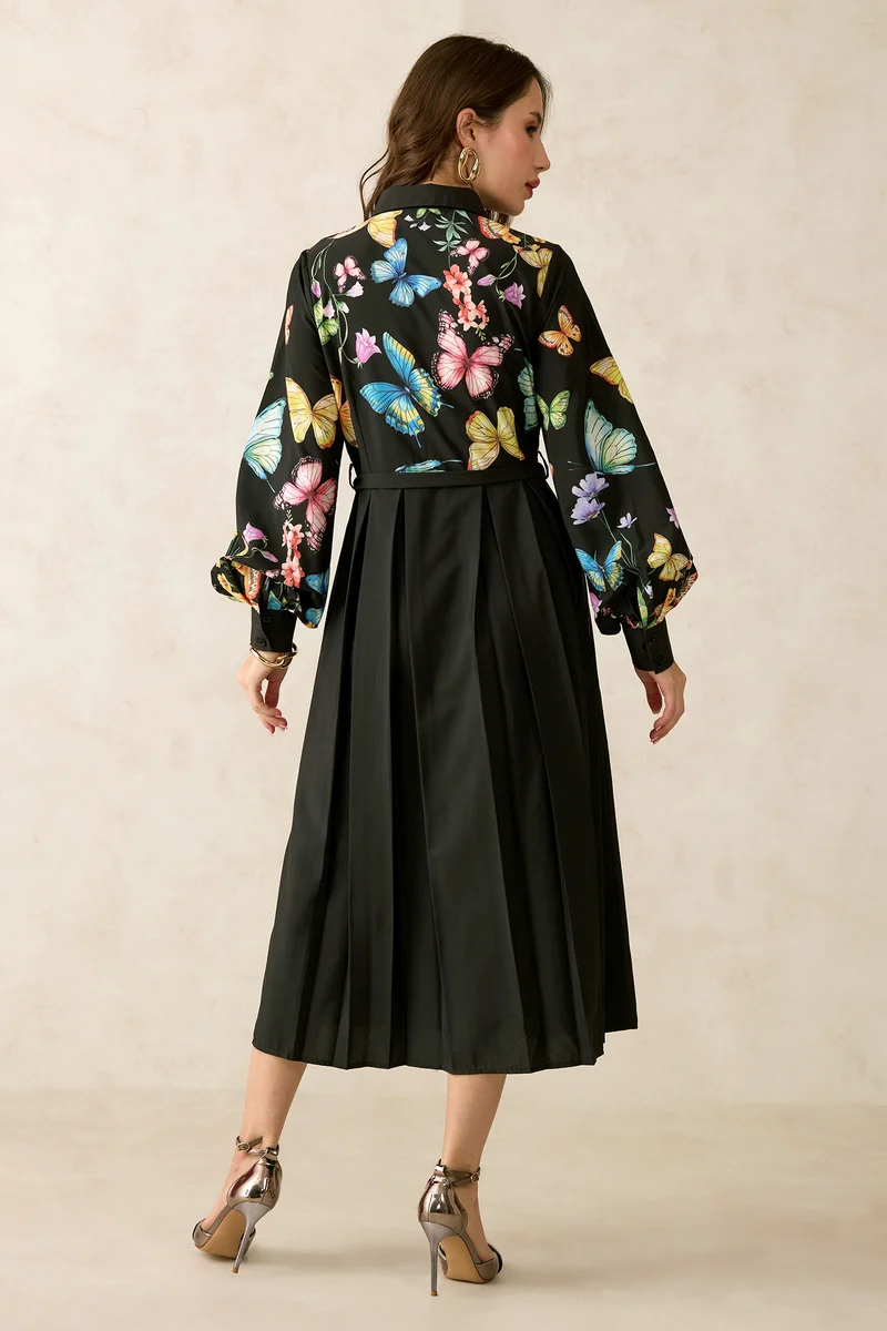 Leila|Satin Printed Belted Midi Dress