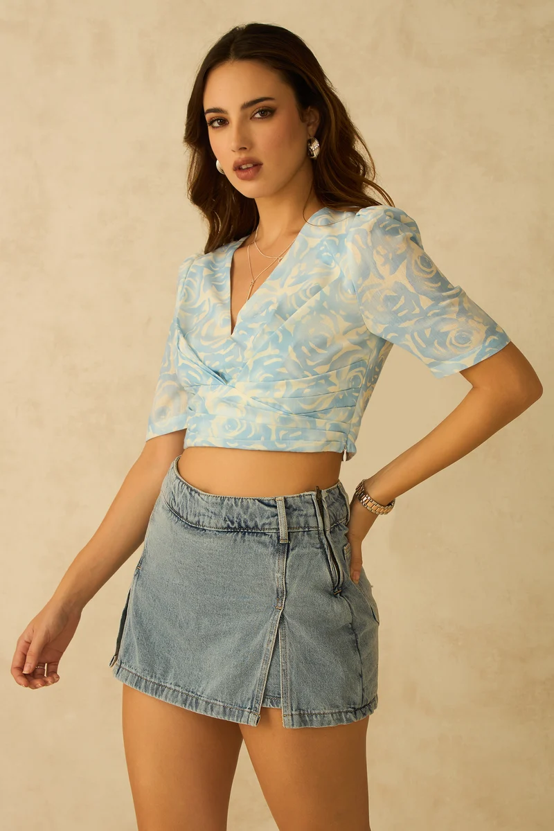 Oceane|Rescued Blue Printed Crop Top