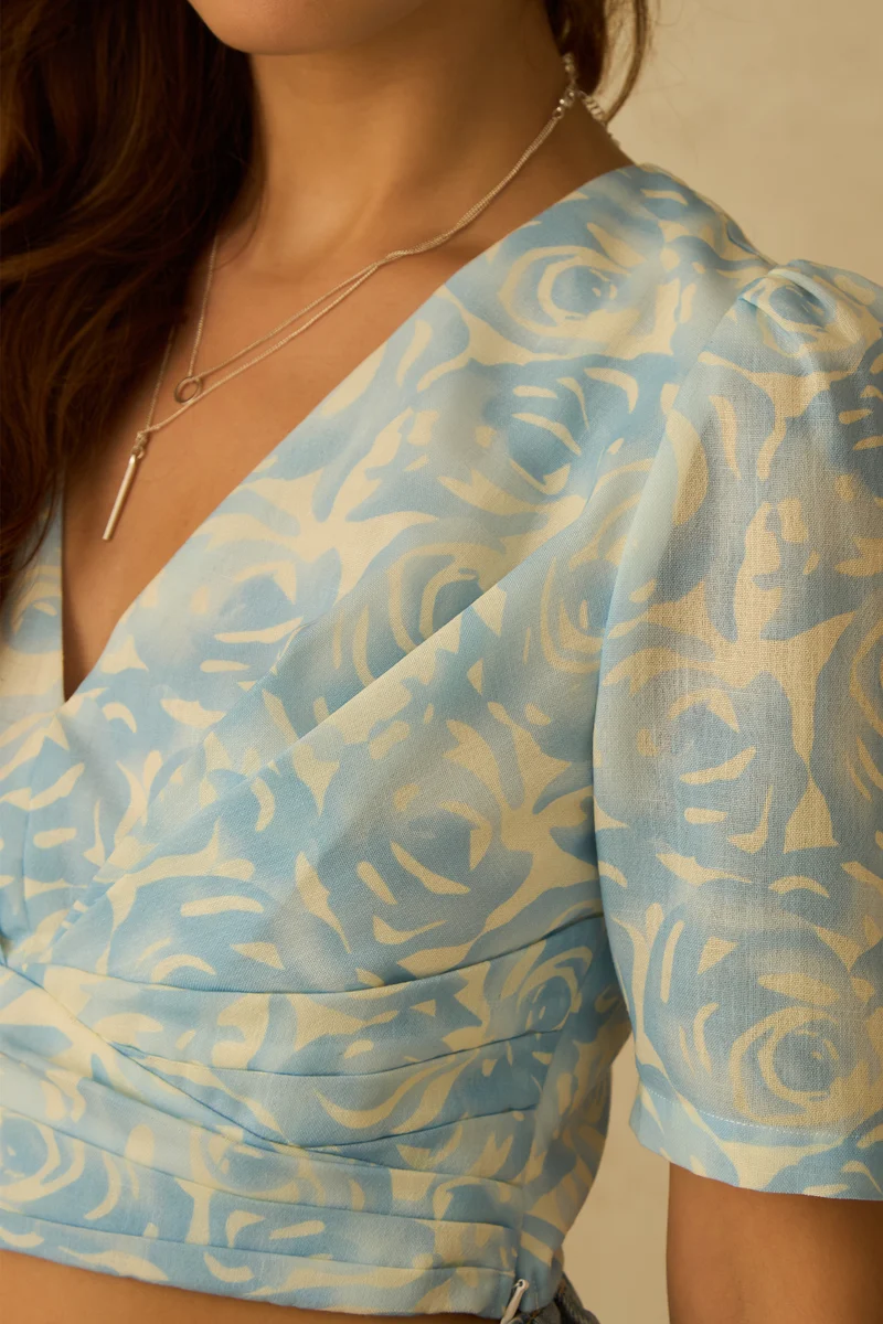 Oceane|Rescued Blue Printed Crop Top