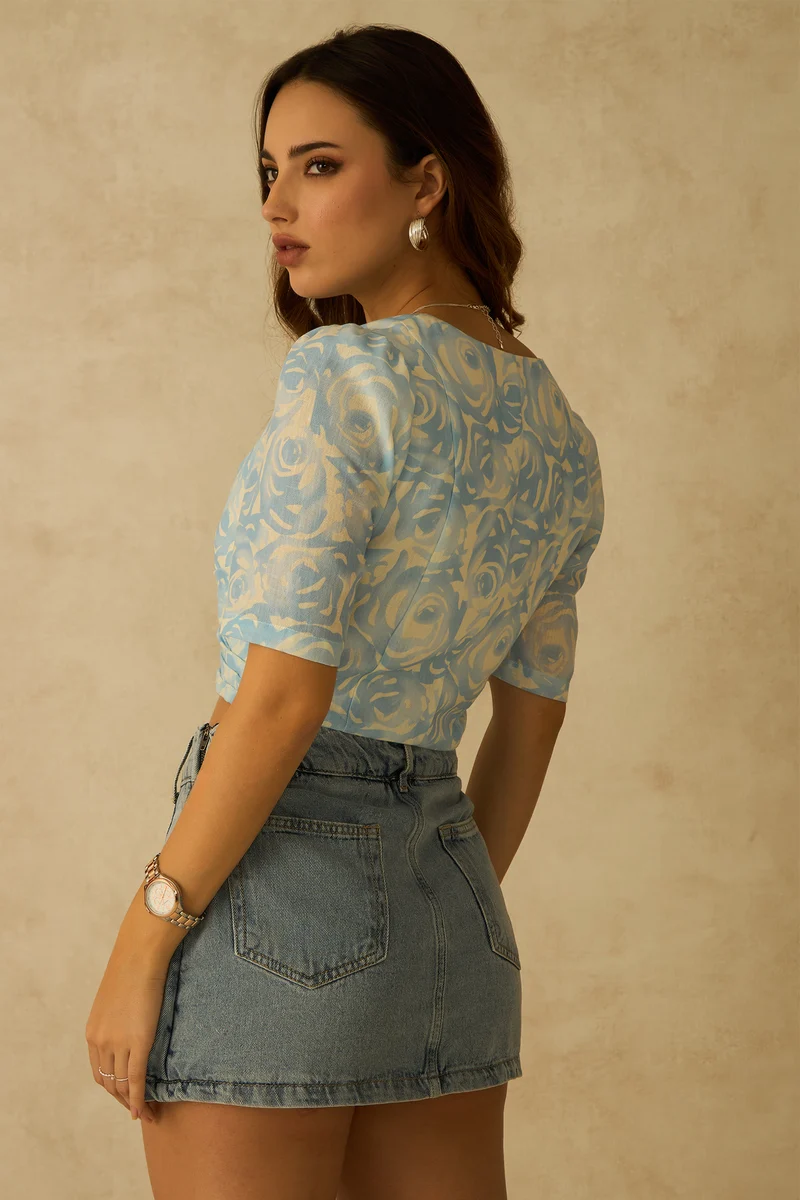 Oceane|Rescued Blue Printed Crop Top