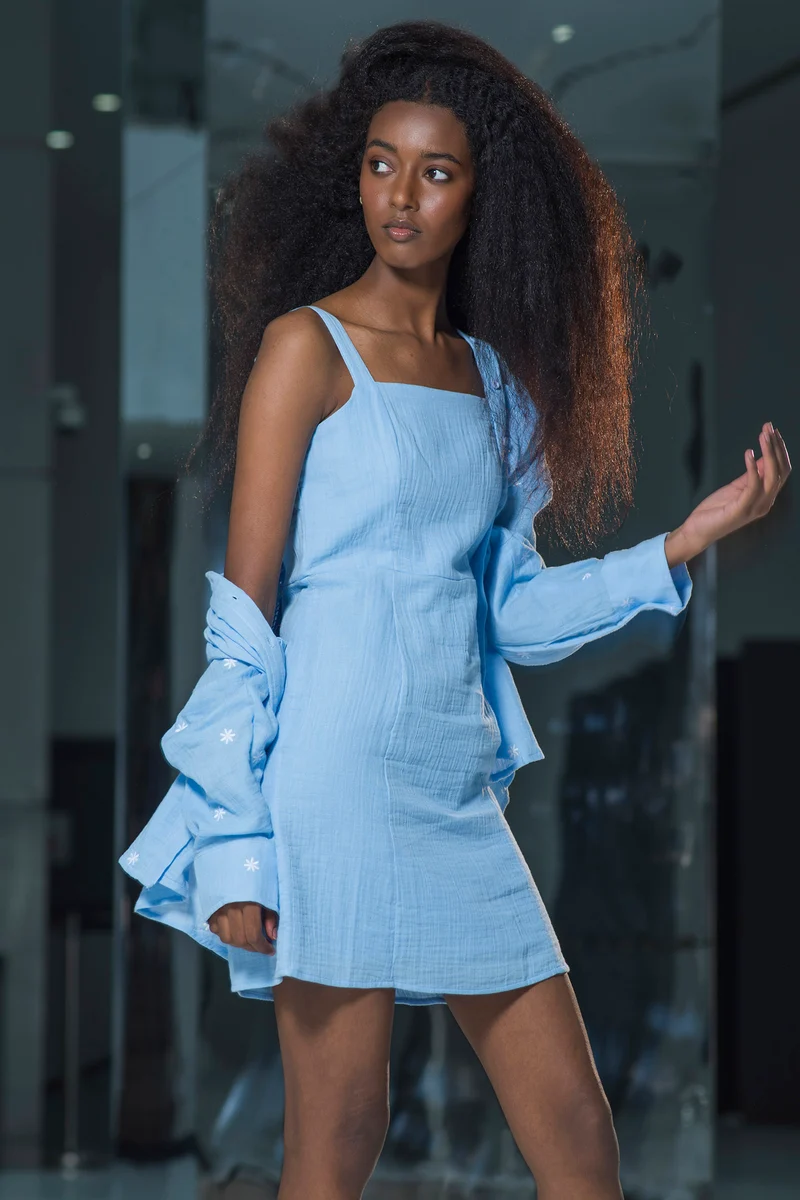 Theal|100% Cotton Strappy Square Neck Mini Dress