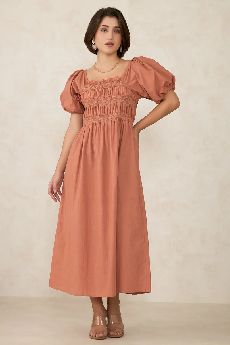 Avni|100% Cotton Design Smocked Midi Dress