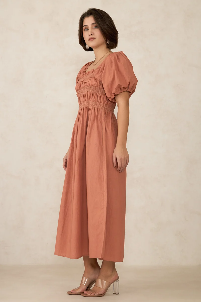 Avni|100% Cotton Design Smocked Midi Dress