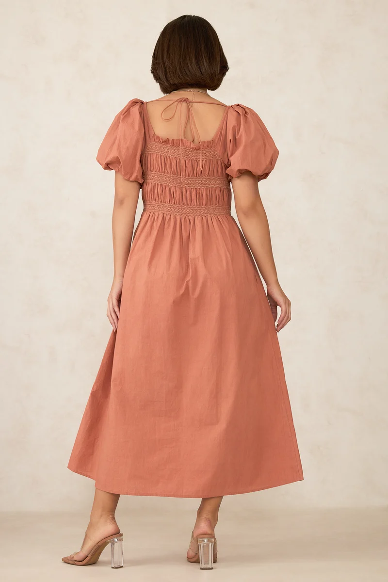 Avni|100% Cotton Design Smocked Midi Dress