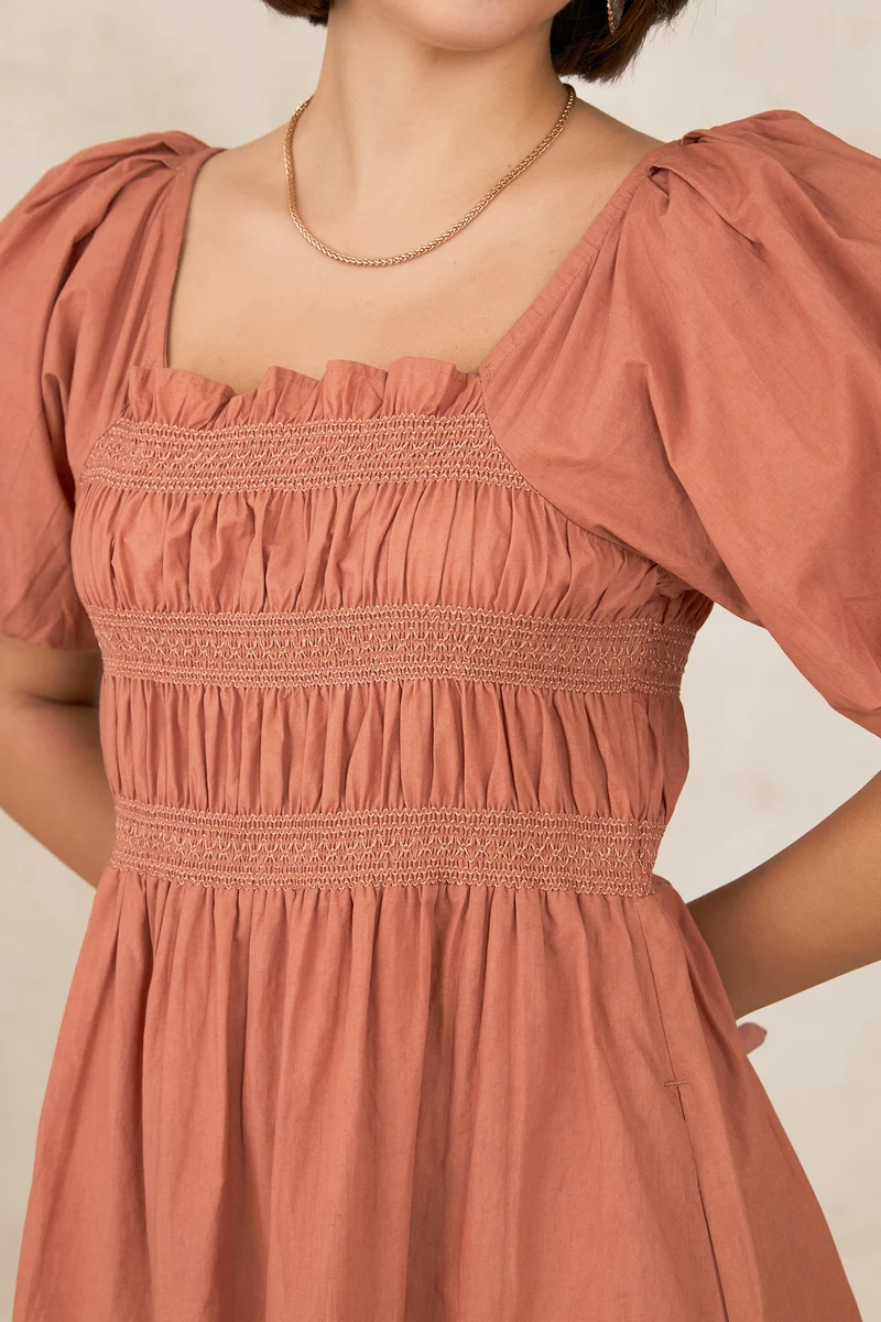 Avni|100% Cotton Design Smocked Midi Dress