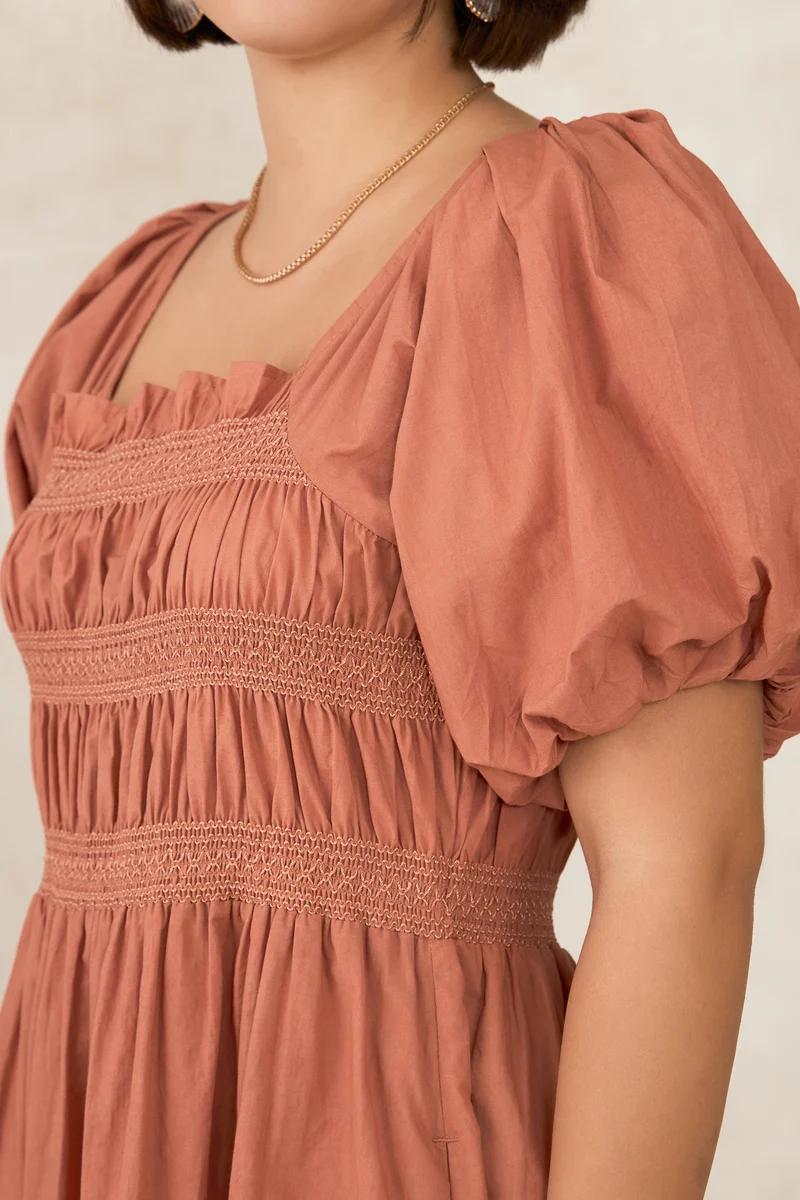 Avni|100% Cotton Design Smocked Midi Dress