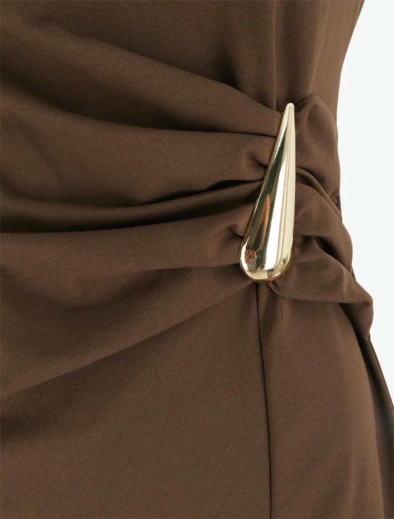 Robe sans manches effet drapé - Marron