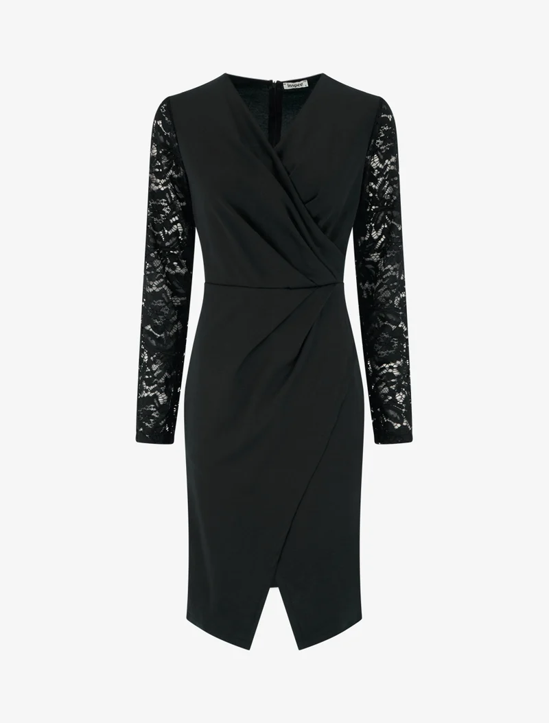 Robe portefeuille ajustée à manches en dentelle - Noir
