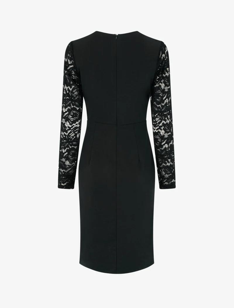 Robe portefeuille ajustée à manches en dentelle - Noir