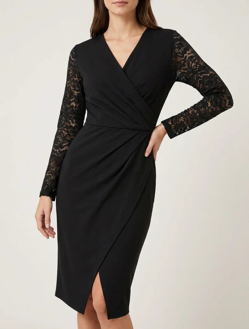Robe portefeuille ajustée à manches en dentelle - Noir