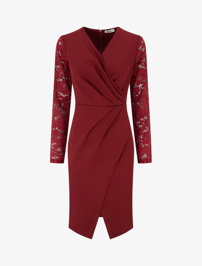 Robe portefeuille ajustée à manches en dentelle - Bordeaux