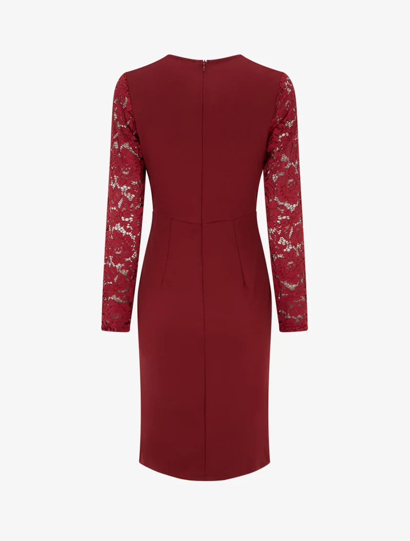 Robe portefeuille ajustée à manches en dentelle - Bordeaux