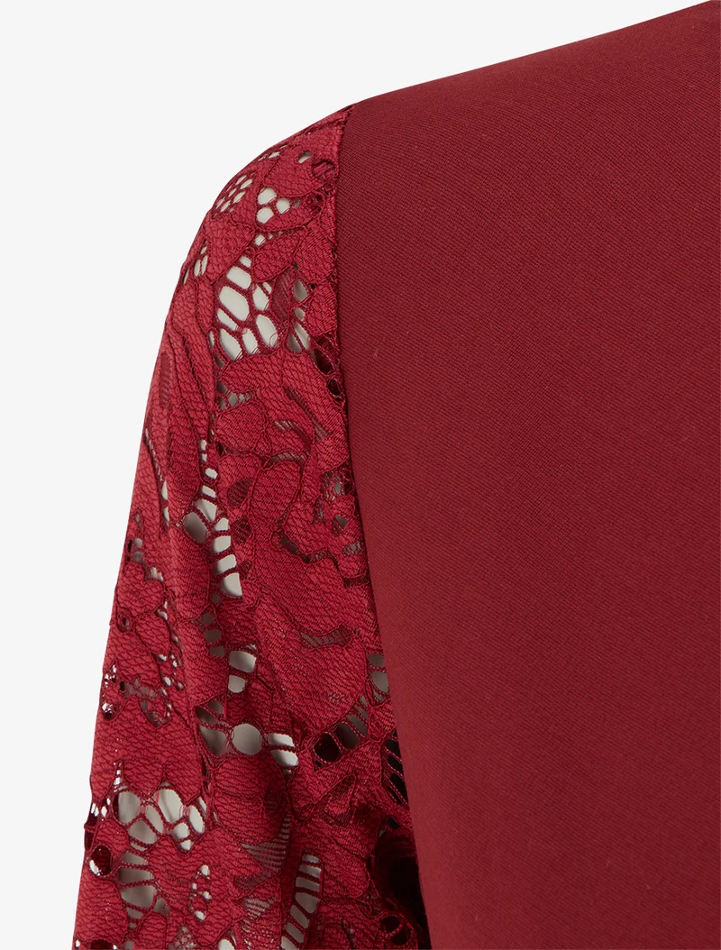 Robe portefeuille ajustée à manches en dentelle - Bordeaux