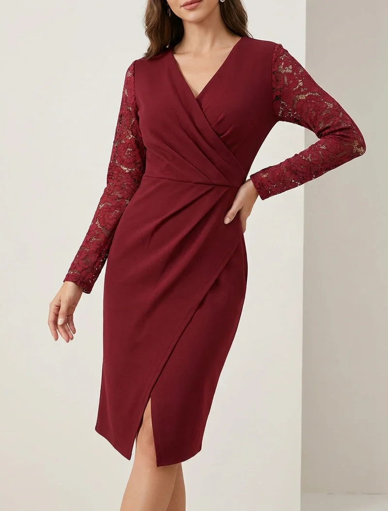 Robe portefeuille ajustée à manches en dentelle - Bordeaux