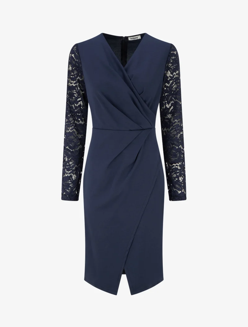 Robe portefeuille ajustée à manches en dentelle - Marine