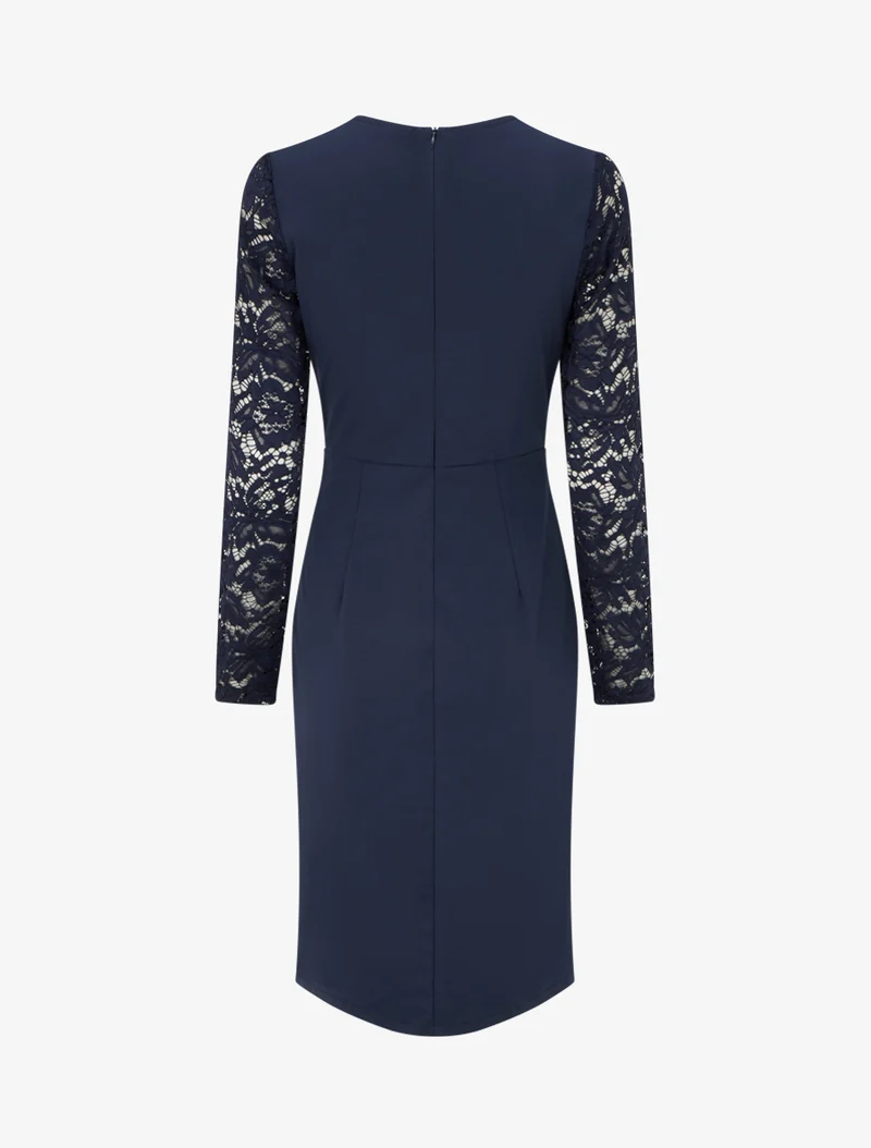 Robe portefeuille ajustée à manches en dentelle - Marine