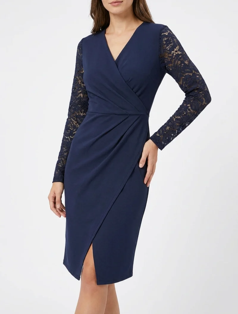 Robe portefeuille ajustée à manches en dentelle - Marine