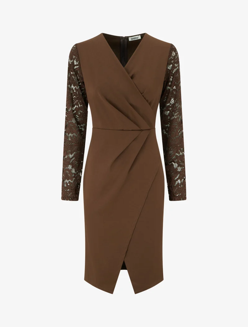 Robe portefeuille ajustée à manches en dentelle - Marron