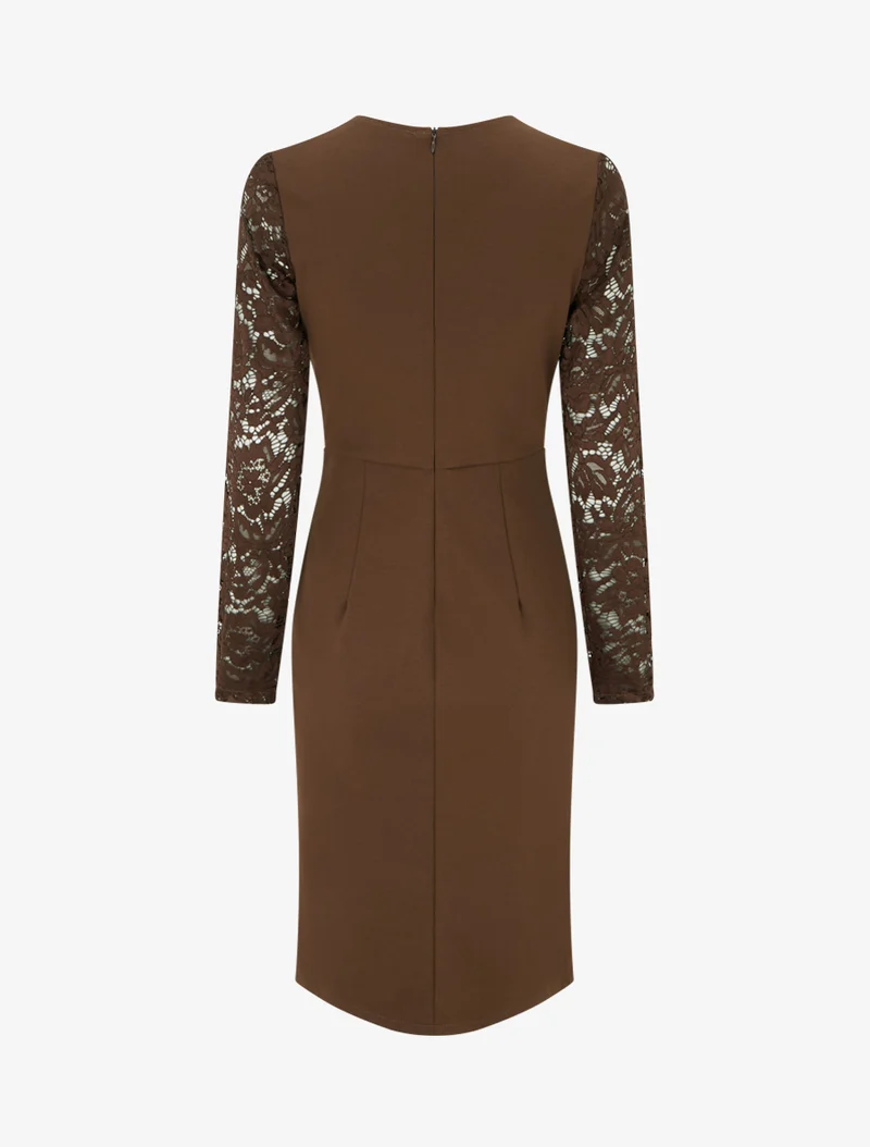 Robe portefeuille ajustée à manches en dentelle - Marron