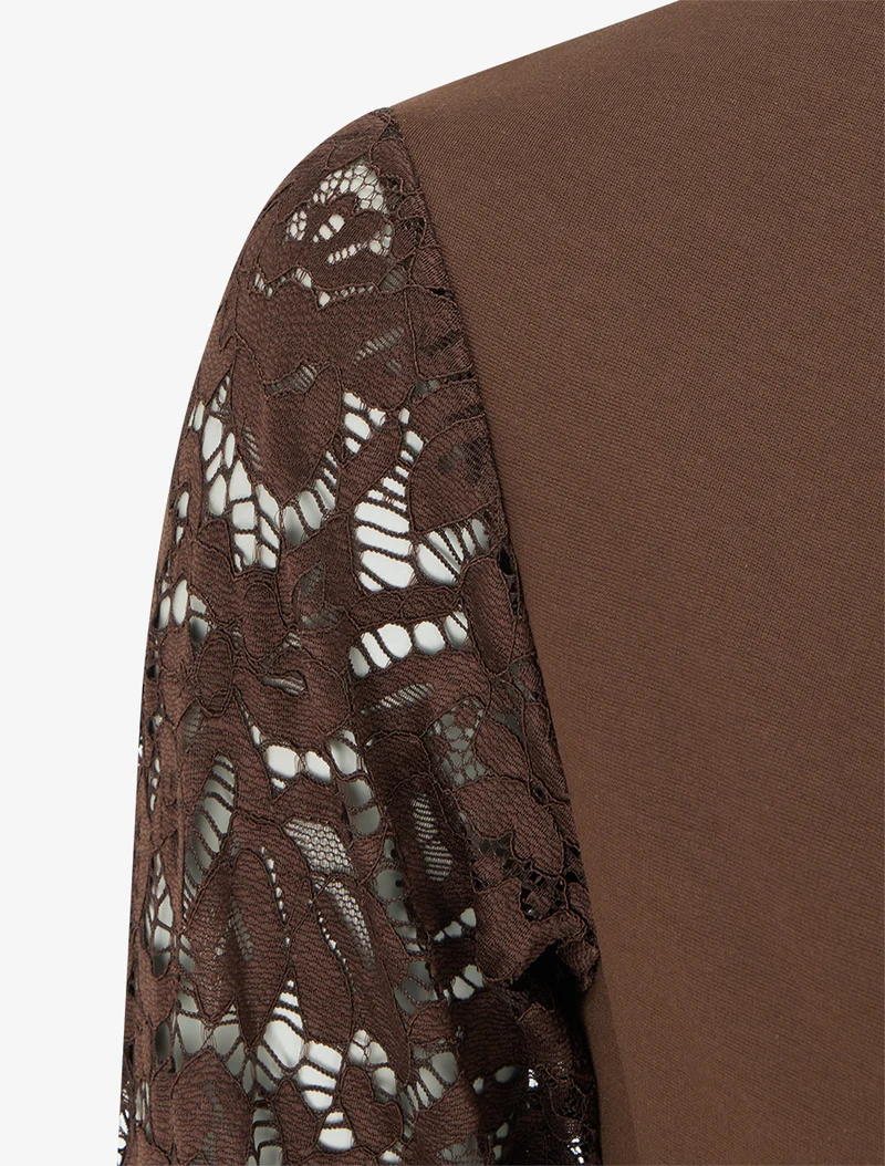 Robe portefeuille ajustée à manches en dentelle - Marron