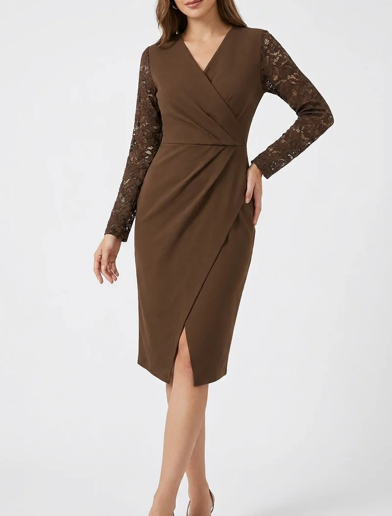 Robe portefeuille ajustée à manches en dentelle - Marron