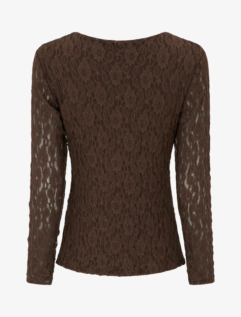 Top en dentelle à effet drapé et bijou métal - Marron
