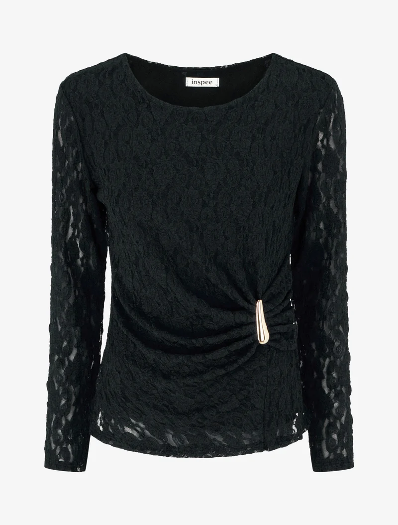 Top en dentelle à effet drapé et bijou métal - Noir