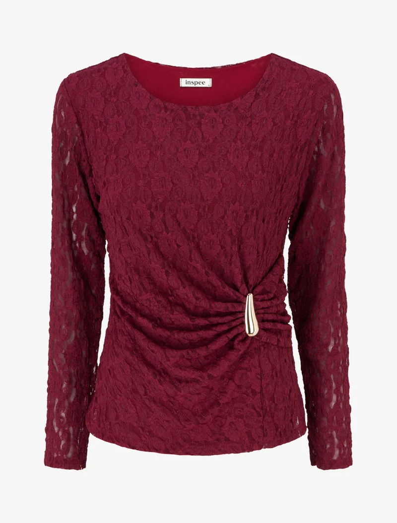 Top en dentelle à effet drapé et bijou métal - Lie de vin