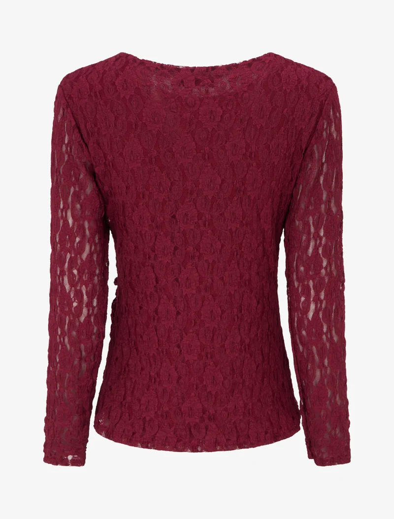 Top en dentelle à effet drapé et bijou métal - Lie de vin